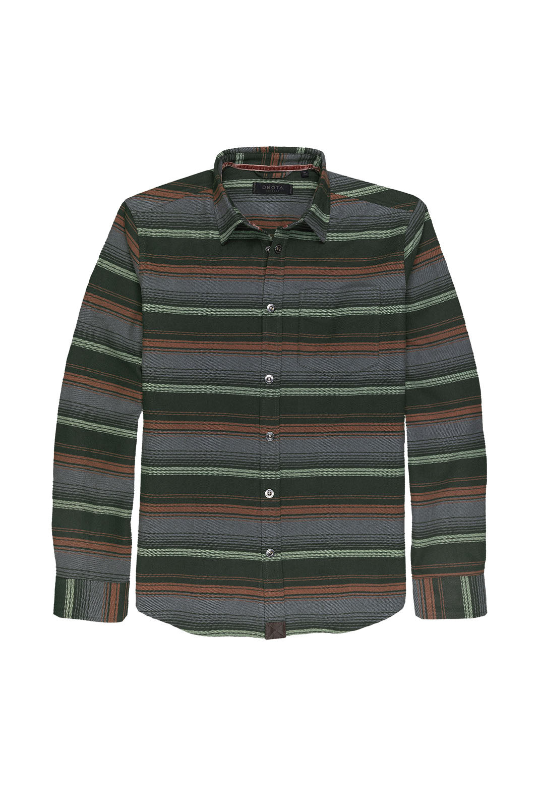 Green, grey, burnt orange striped Ambrose Twill flannel shirt by Dakota Grizzly