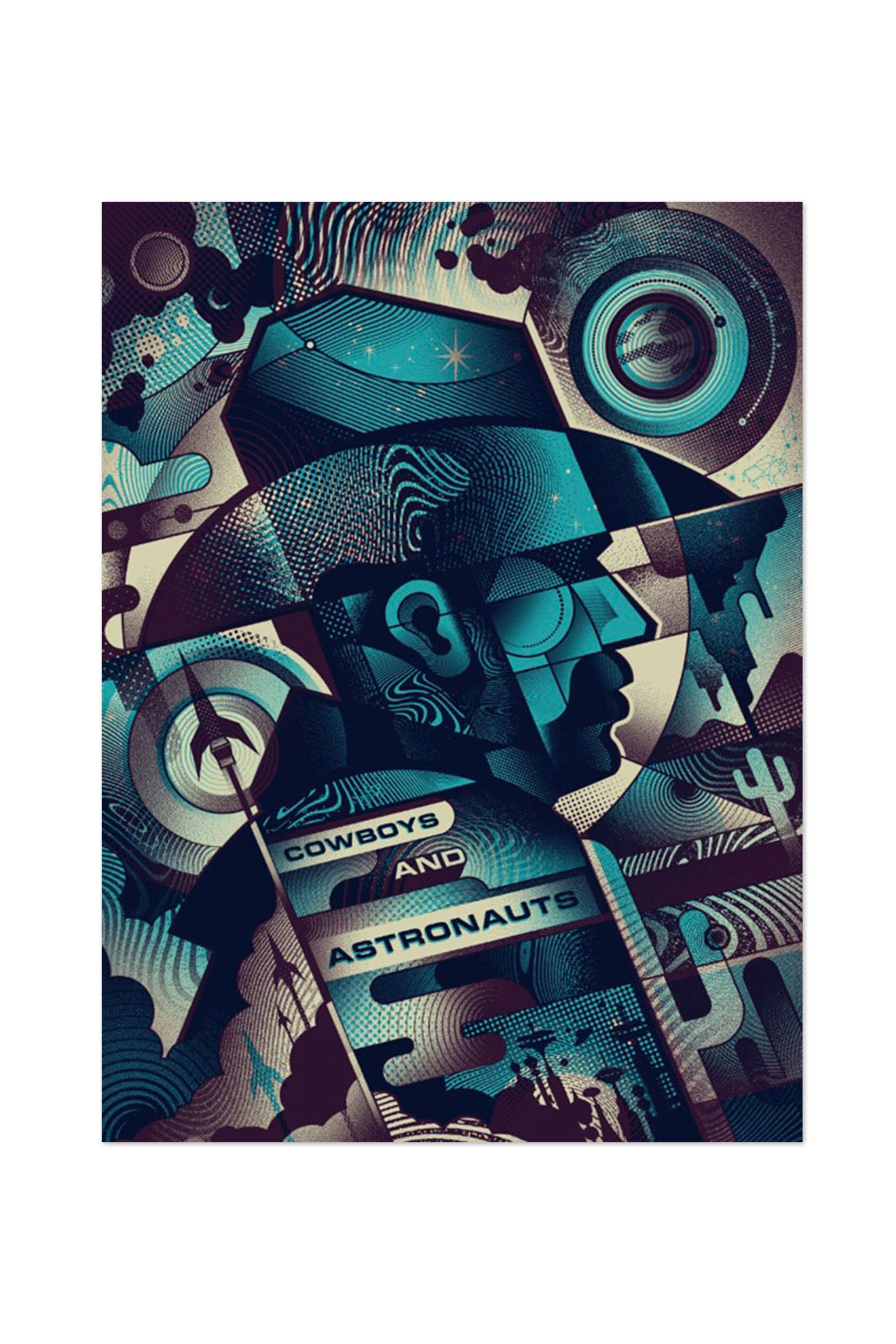 Original graphic art print in a retro style with blue, black, and cream galactic shapes, rockets, a cowboy, cactus, and clouds.