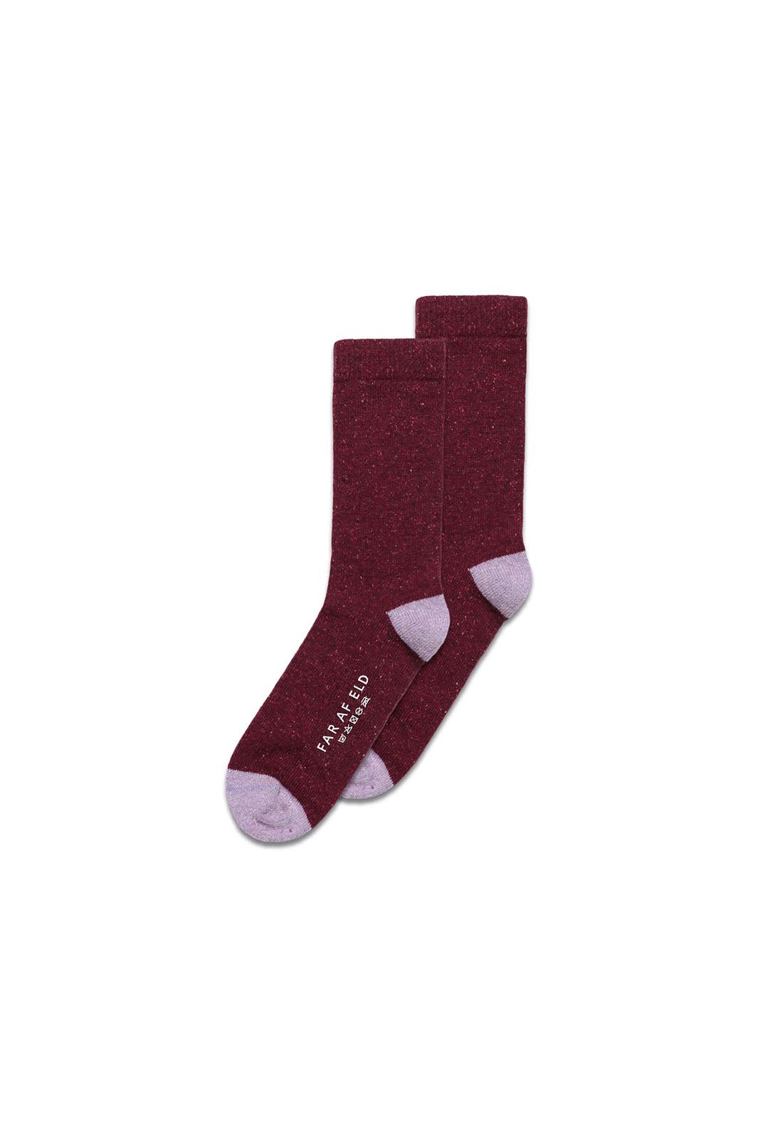 Magenta knit socks with flecks of texture and color and a lavender color block toe and heel.