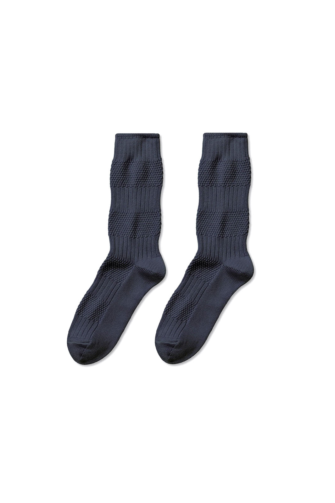 Navy blue knit textured socks with vertical and horizontal knitting pattern by Far Afield. 