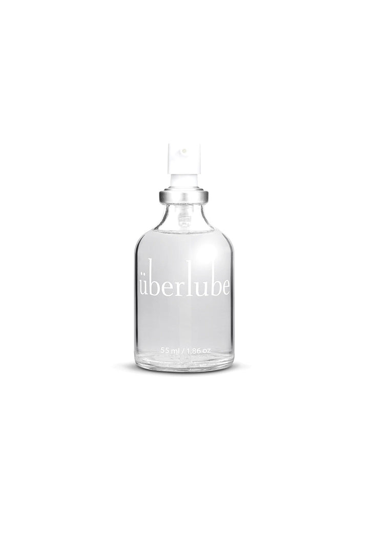 55ml glass pump bottle of Uberlube, a Chicago made lubricant for sex, styling, and sport.