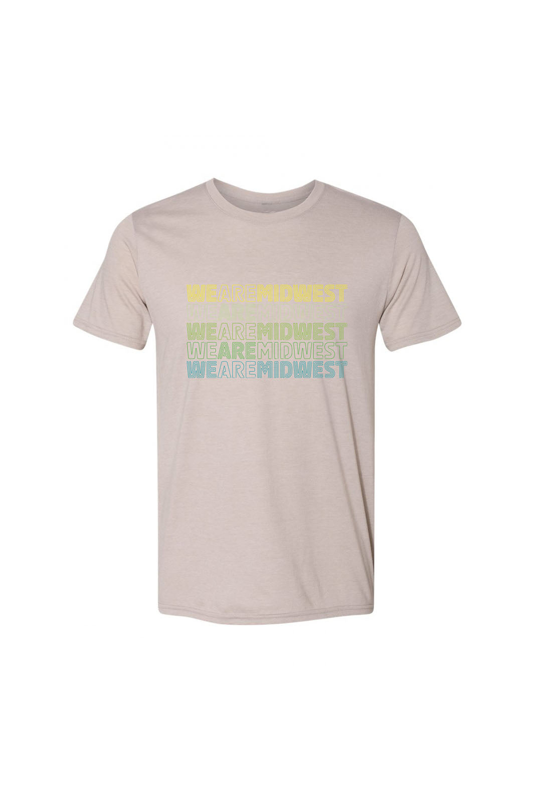 A khaki-slate t-shirt with yellow, lime green, and teal graphic artwork that says We Are Midwest, and original design by Cowboys and Astronauts.