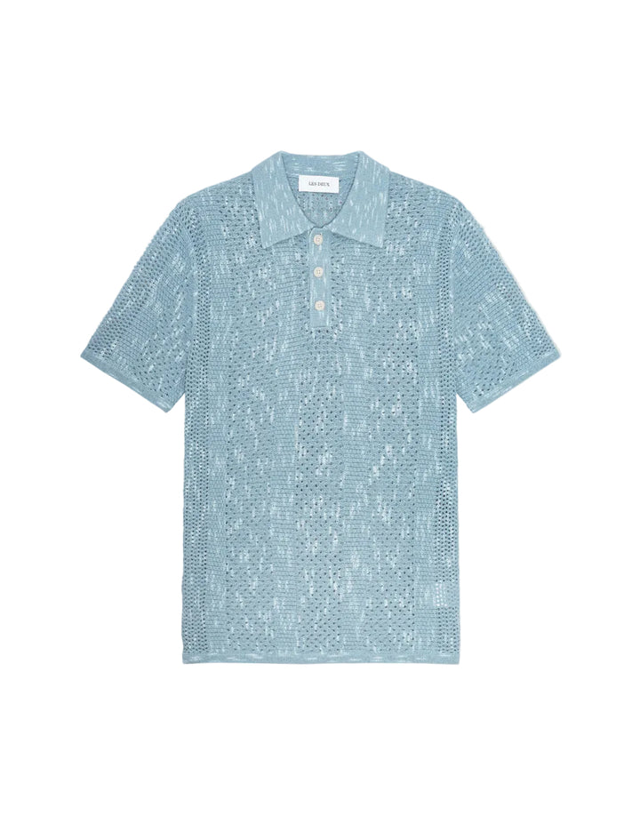 Striped Lace Knitted Polo | Faded Denim Blue
