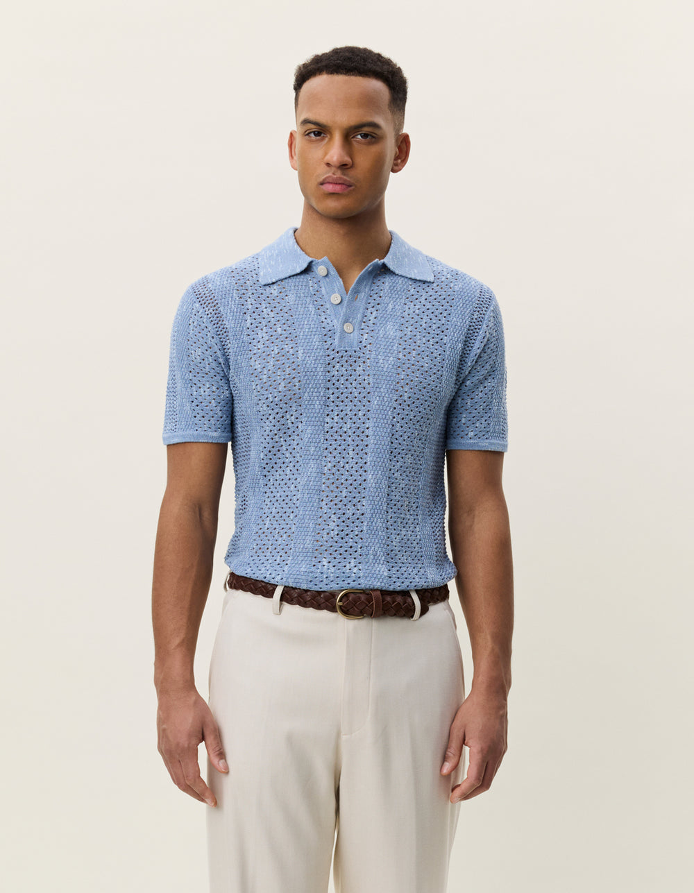 Striped Lace Knitted Polo | Faded Denim Blue