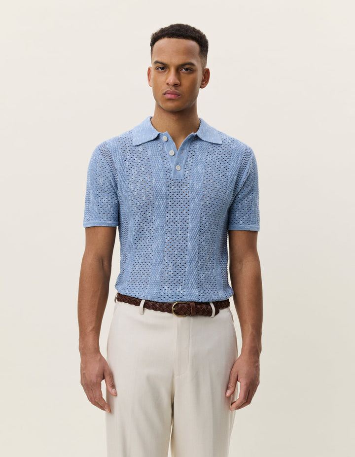 Striped Lace Knitted Polo | Faded Denim Blue