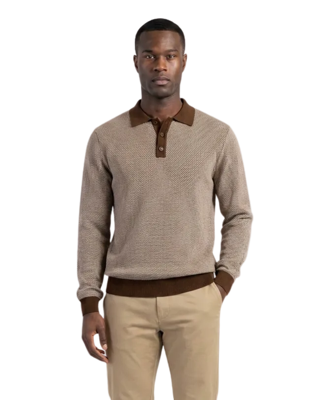 Textured Knit Polo | Cream & Brown