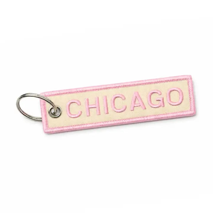 Chicago Embroidered Keychain | Pink