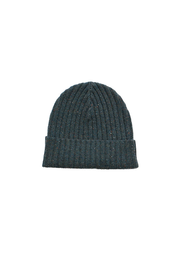 Chunky Ribbed Beanie - Dark Teal Donegal