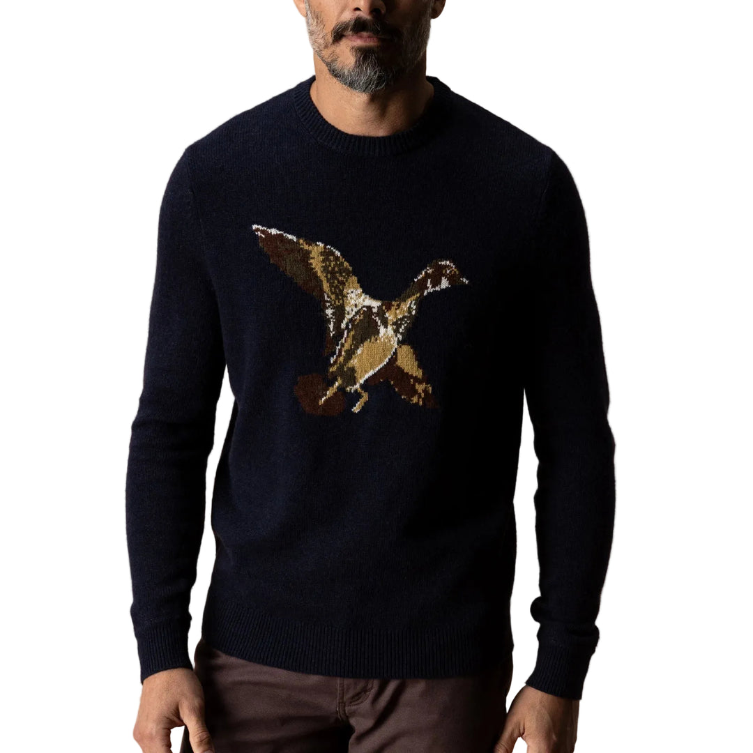 Flying Wood Duck Merino Intarsia Crewneck Sweater | Deep Navy Heather