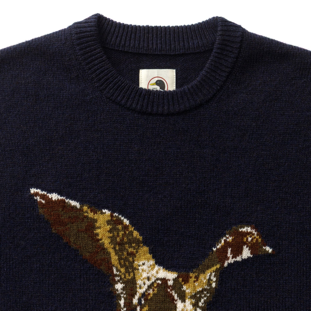 Flying Wood Duck Merino Intarsia Crewneck Sweater | Deep Navy Heather