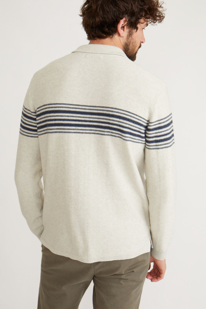 Ellias Chest Stripe Sweater Polo - Pearl/Dark Indigo Back View