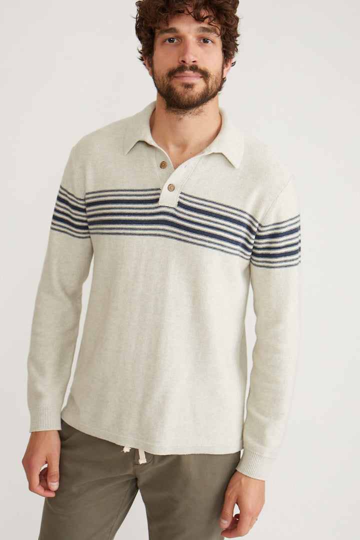 Ellias Chest Stripe Sweater Polo - Pearl/Dark Indigo Preview