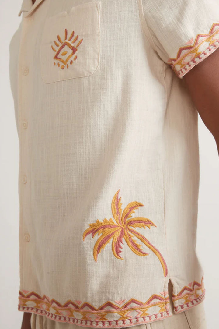 Embroidered Resort Shirt - Natural/ Coral