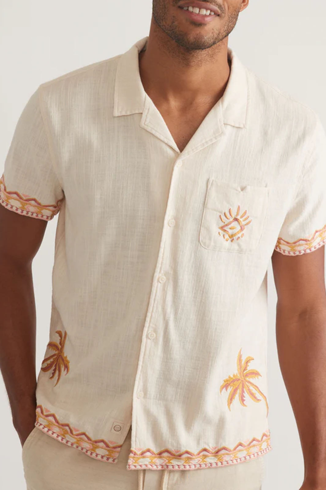Embroidered Resort Shirt - Natural/ Coral