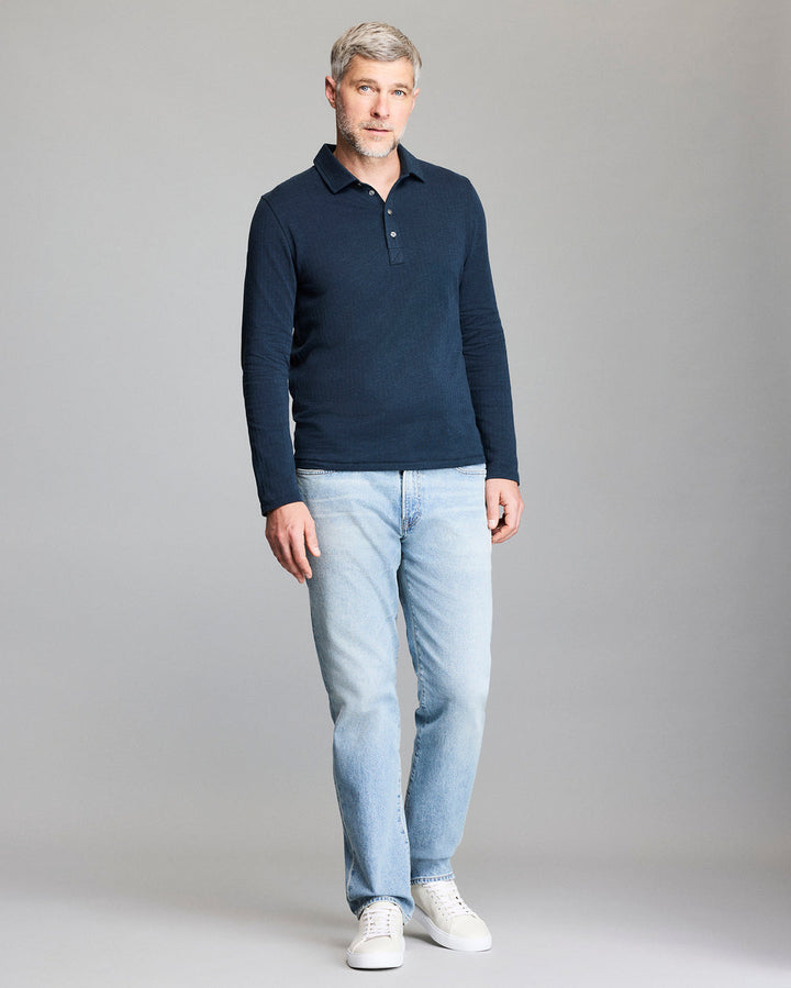 Long-Sleeve Herringbone Polo | Carbon Blue