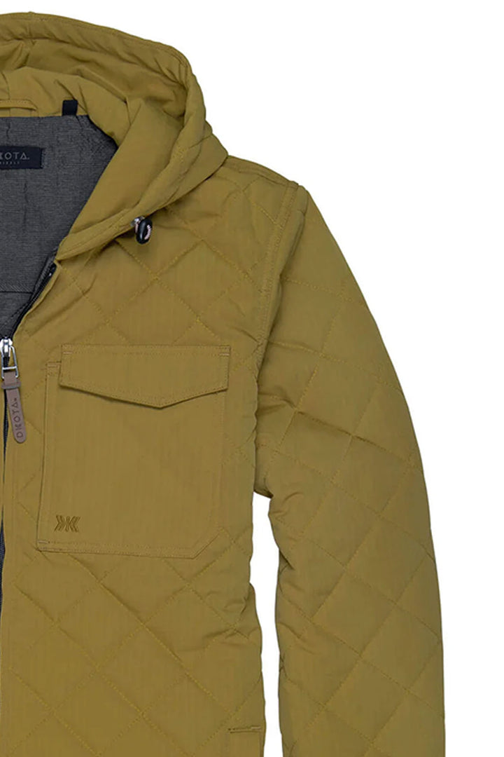 Close up of the light tan brown quilted jacket