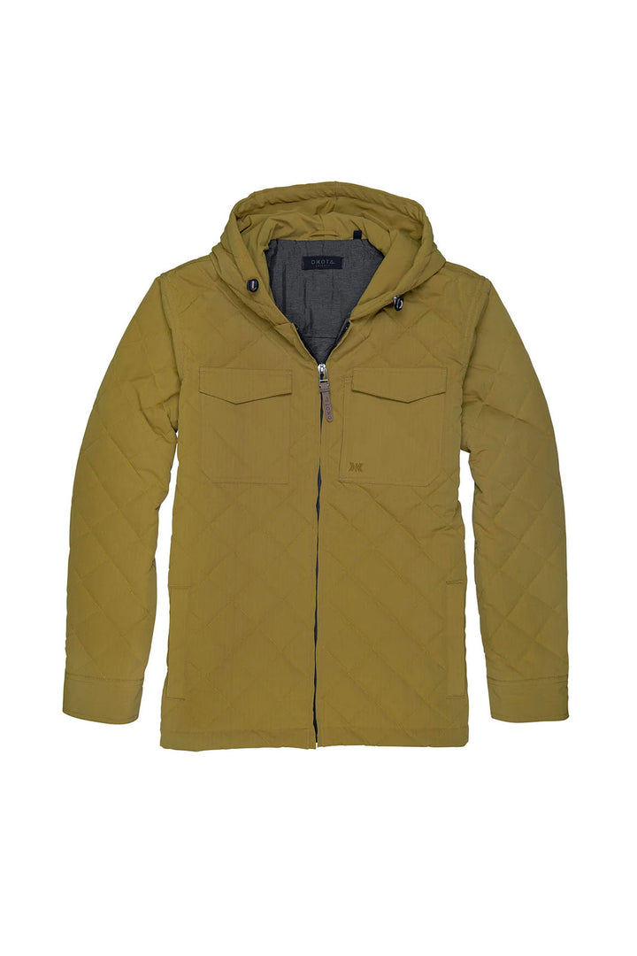 Tan khaki brass colored quilted jacket with a hood