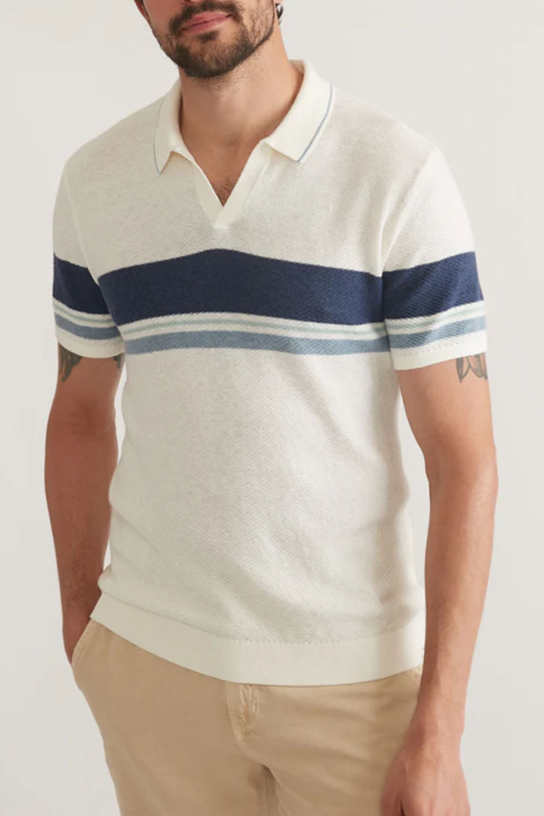 Greyson Sweater Polo - Natural Blue Stripe