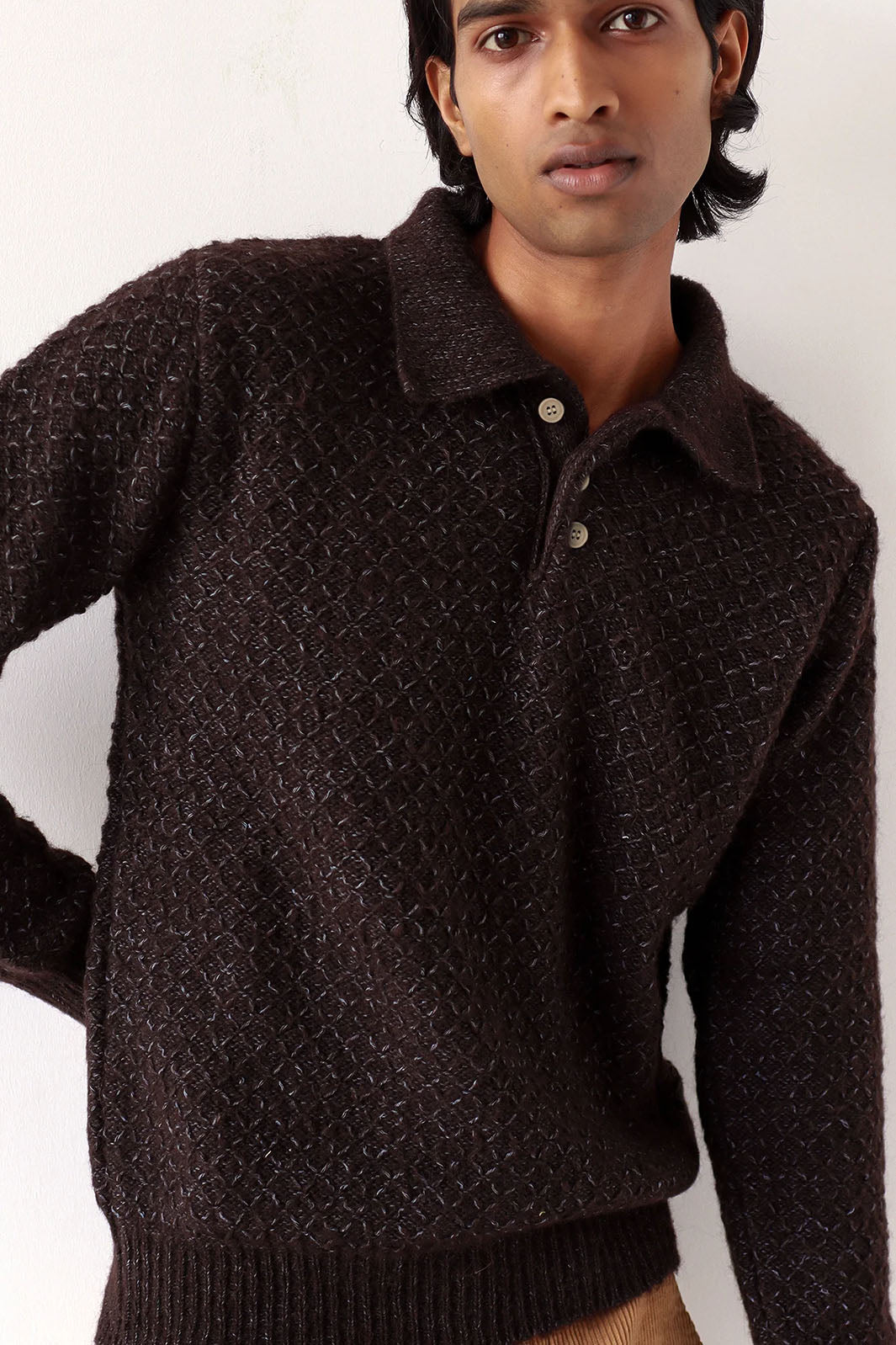 Kier Knitted Polo - Slate Brown/ Silver Blue