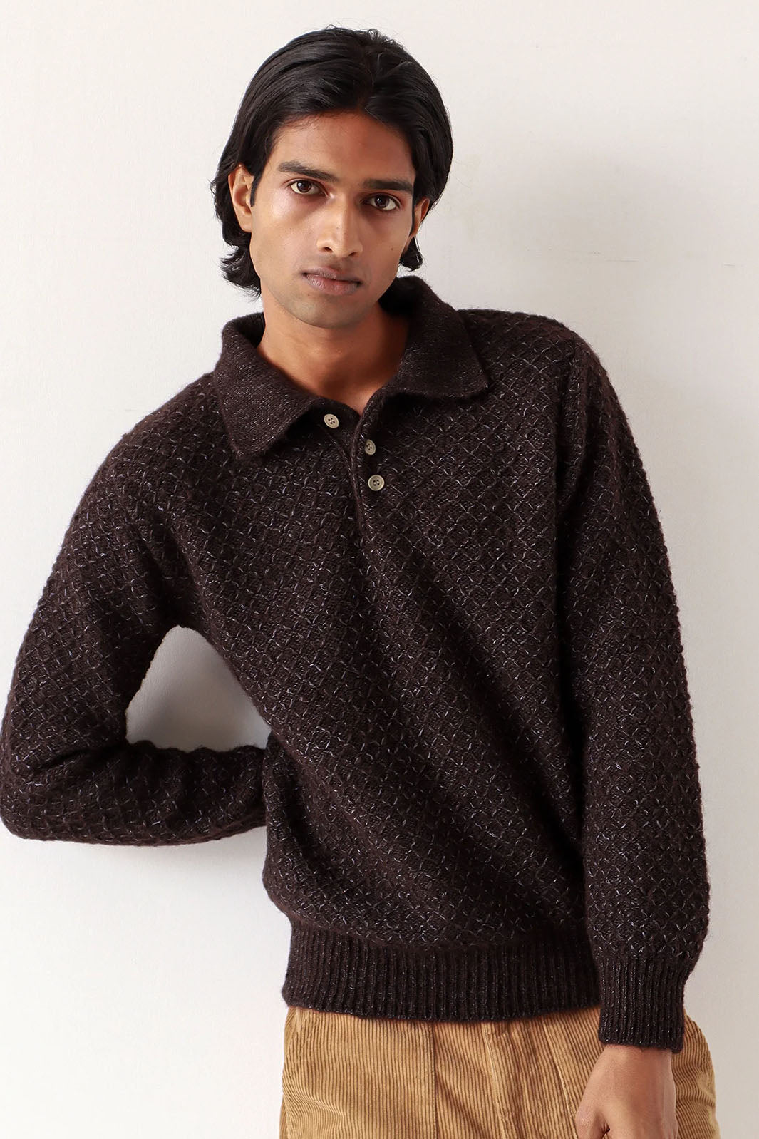 Kier Knitted Polo - Slate Brown/ Silver Blue