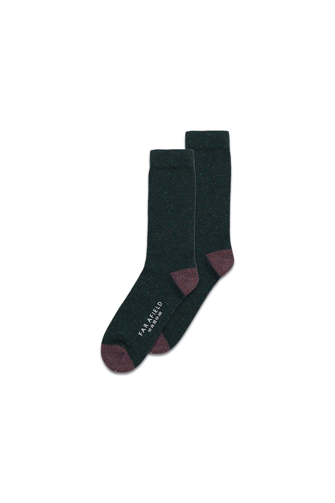 Deep teal socks with flecks of texture and color and a burgundy brown heel and toe color block. 