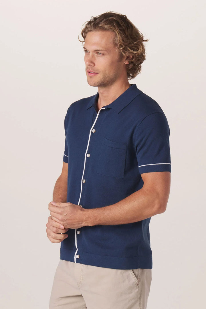 Robles Knit Button-Up Shirt - Navy/White