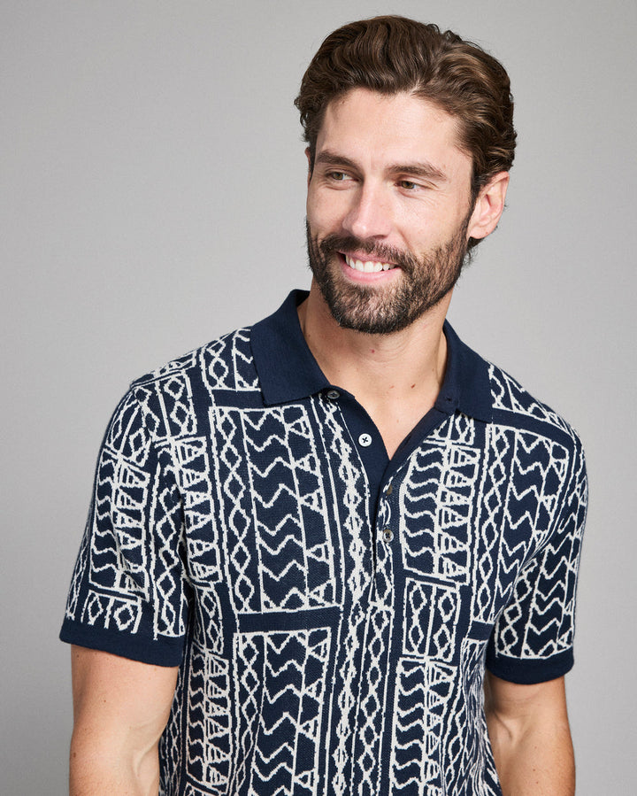 Geo Stitch Sweater Polo | Carbon Blue