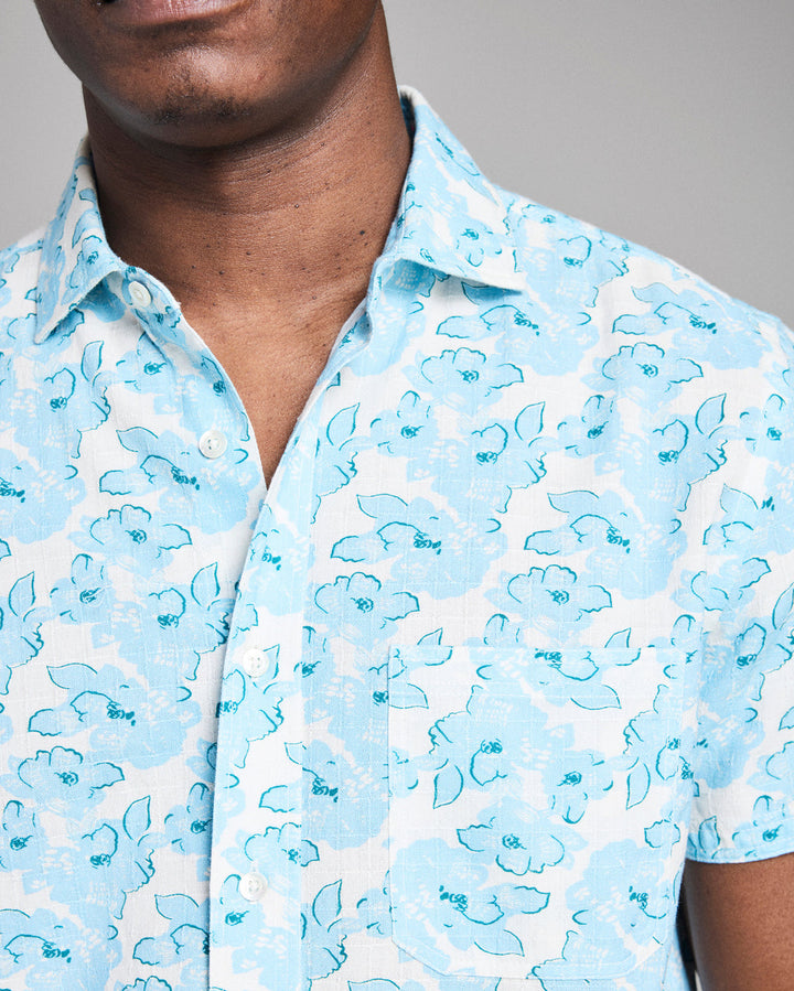 Short Sleeve Textured Painted Floral Treme Shirt | Sky Blue Multi