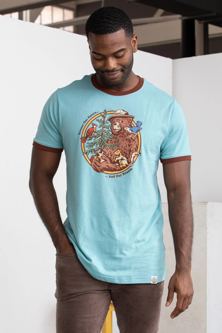 Smokey's Friends Ringer T-Shirt - Glacier Blue/ Redwood