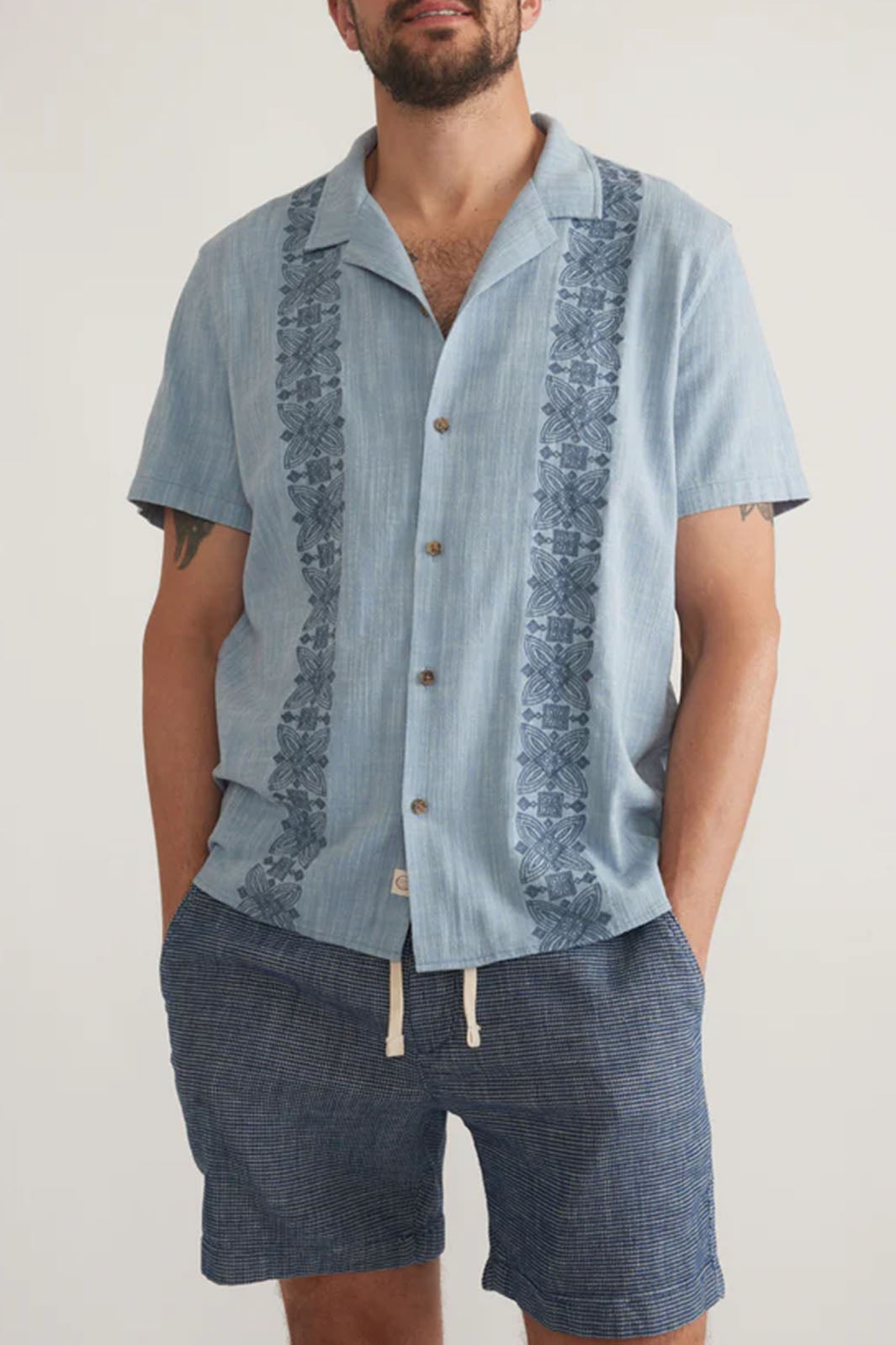 Stretch Selvage Embroidered Resort Shirt - Mid Blue