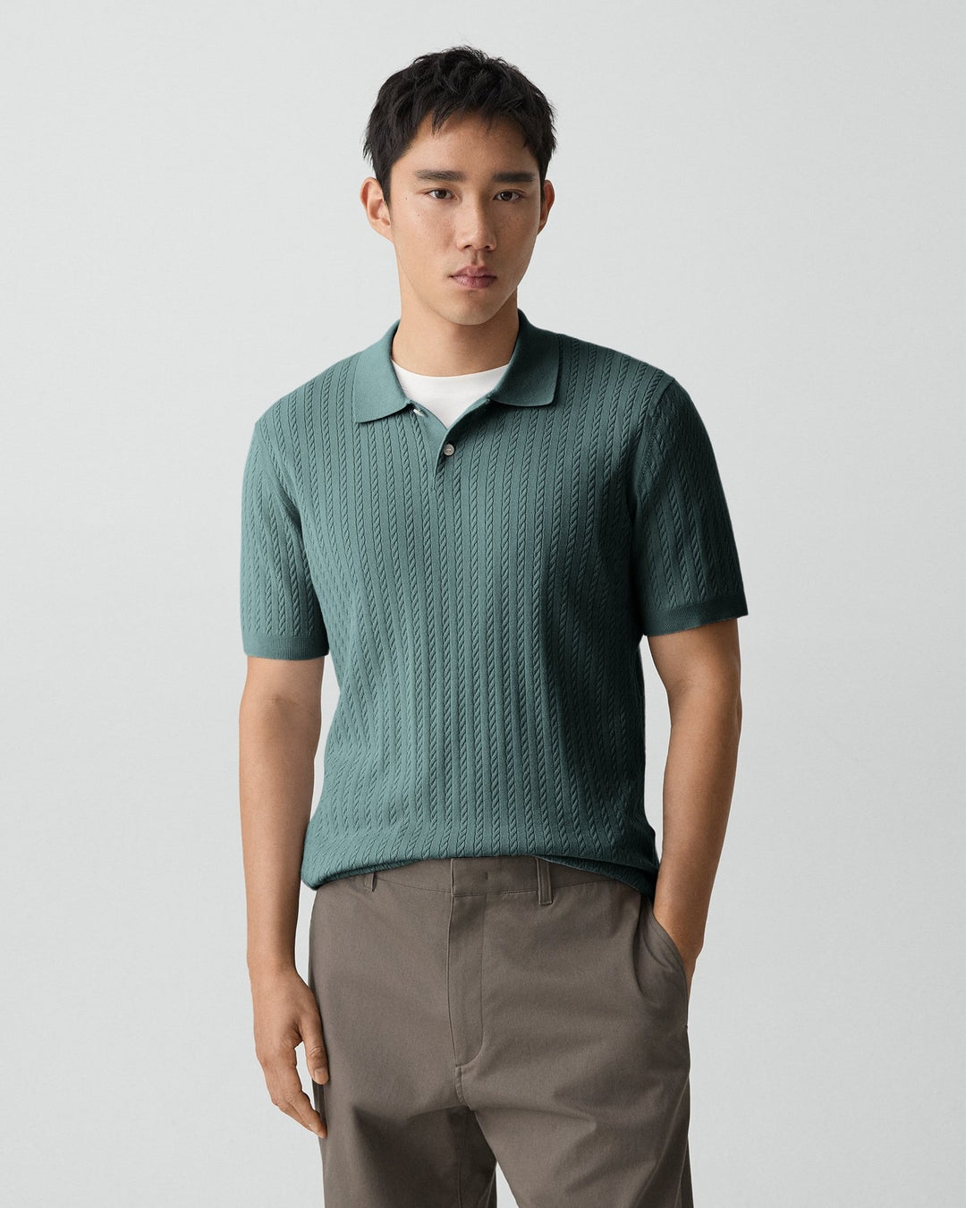Soris Cable-Knit Polo Shirt in Light Bilen | Light Pine Grove