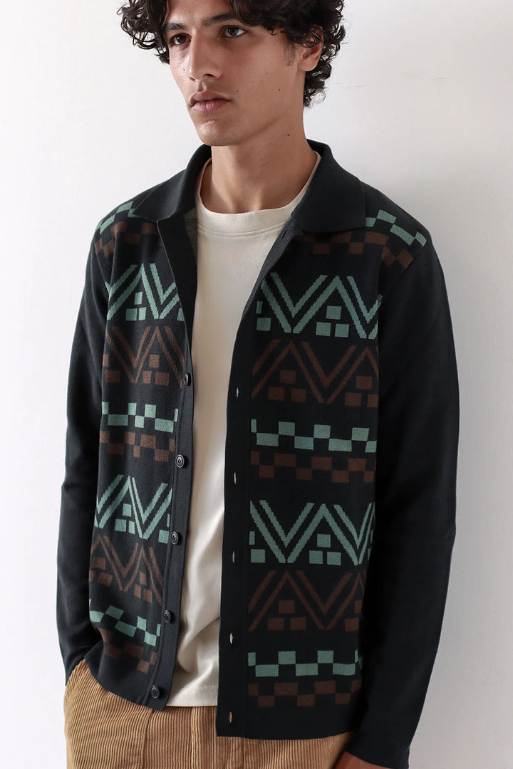 Zig Peysa Stripe Cardigan - Black/Green/Slate Brown