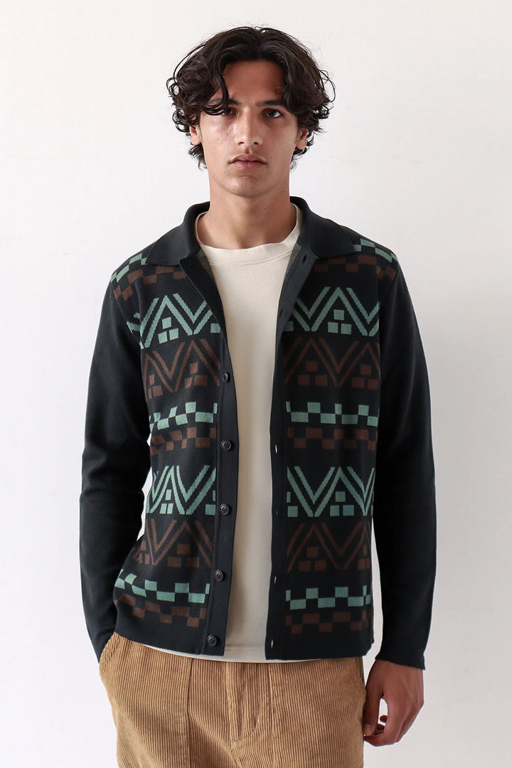 Zig Peysa Stripe Cardigan - Black/Green/Slate Brown