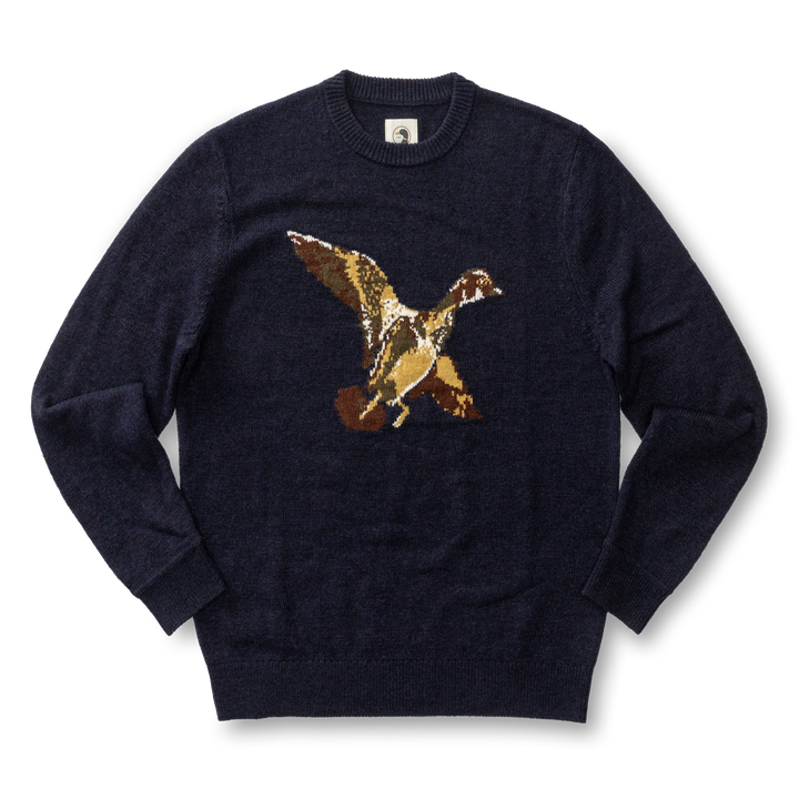Flying Wood Duck Merino Intarsia Crewneck Sweater | Deep Navy Heather